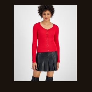 Bar III Women's Vibrant RED Lace-Up Sweater Top